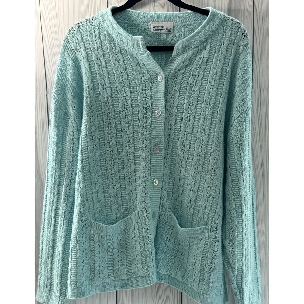 Vintage Light Green Village Fair Knit Cardigan Cottage Grandma Size L/XL
